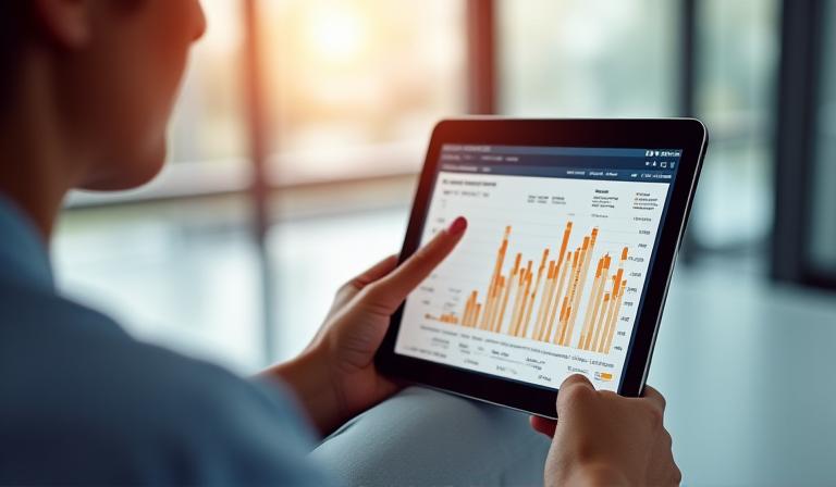 Professional using a tablet to view live business data dashboards